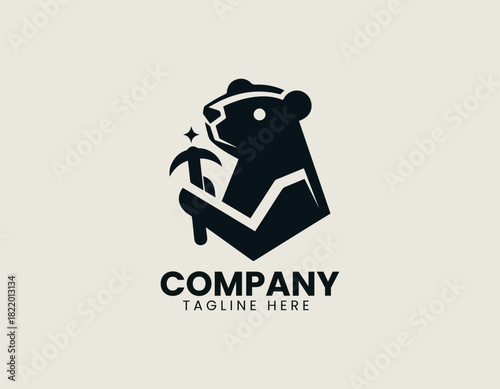 Determined beaver miner holding tools while standing confidently in a bold black vector logo