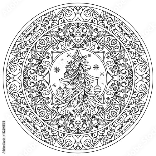 Festive mandala "Winter's Tale," abstract patterns with a Christmas tree and baubles