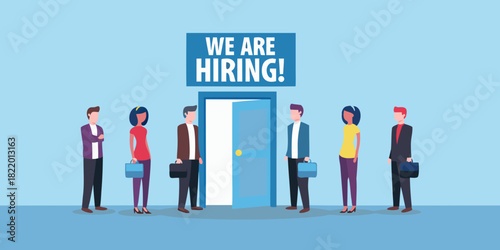 We are hiring concept with people standing in line for job interview