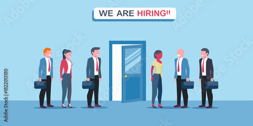 Job seekers waiting for interview under we are hiring sign