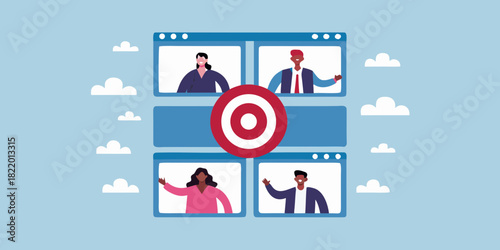 Virtual meeting with target goal and diverse team members illustration