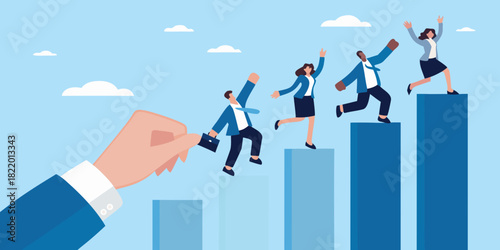 Business people climbing graph with hand helping them reach the top