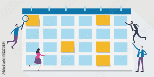 Team planning and scheduling with calendar and sticky notes illustration