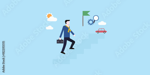 Businessman climbing stairs to achieve success and reach goals in business life