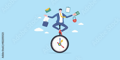 Businessman balancing on clock unicycle with work items in the air