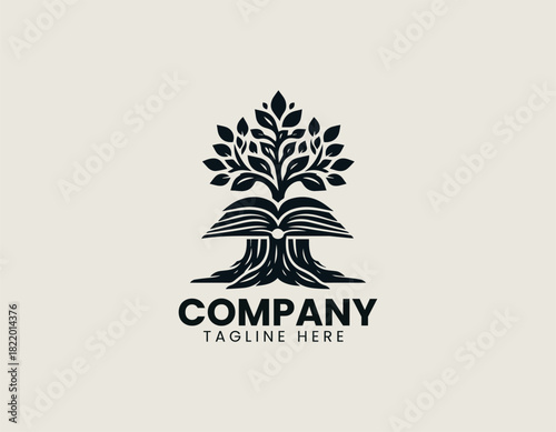 Vintage tree stump with an open book resting on top in bold clean black vector logo