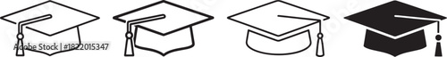 Four different styles of academic graduation cap icons, symbolizing education, success, university degrees, and commencement ceremonies Vector