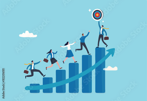 Career development, growth or step to reach goal, ladder to stairway to achieve target, employee engagement, challenge or inspiration concept, employee running on growth graph to reach manager target.
