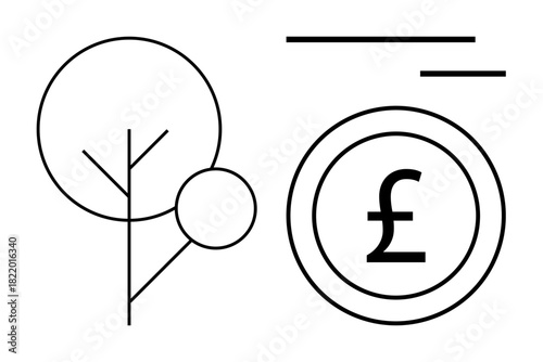 Tree symbolizing sustainability, coin with pound currency symbol representing financial value. Ideal for green economy, environmental impact, ethical finance, investment, eco-innovation, nature