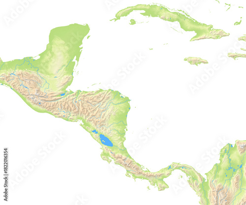 Map of Central America showing the isolated landmasses with relief representation, rivers, lakes. No boundaries. No labels at all.