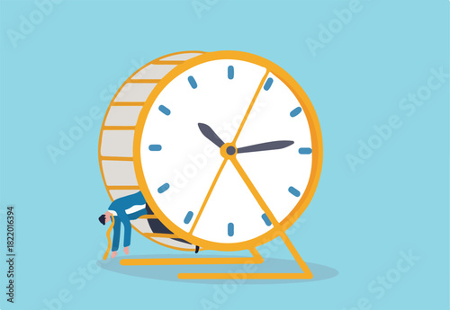 Exhausted and fatigue from routine job, tried or burnout from overworked, time management problem concept, exhausted tried businessman lay down in hamster rat race with time running clock.