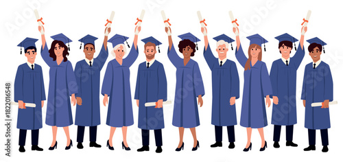 International Day of Education. Set of diverse students characters. Graduation persons wearing a cap and gown. Higher education ceremony. Vector flat illustration.
