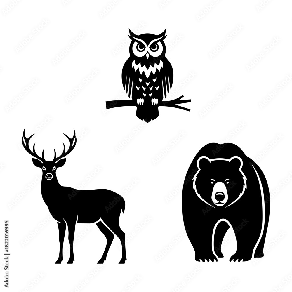 Obraz premium Set of Three Winter Forest Animal Silhouettes Owl Deer Bear Icon Set
