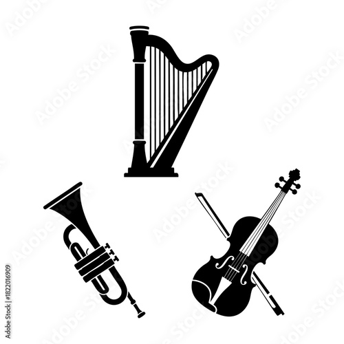 Christmas Music Instruments Three Item Silhouette Vector Set Harp Trumpet