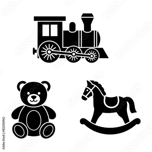 Three Classic Wooden Toy Shop Christmas Silhouette Icons Train Bear Horse
