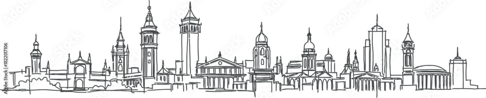 Fototapeta premium City skyline sketch hand drawn urban landscape with towers and buildings