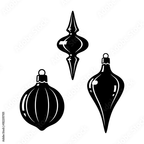 Retro Vintage Christmas Bauble Ornaments Set of Three Silhouettes Finial Onion Teardrop