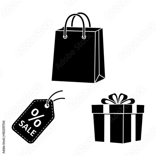Christmas Shopping and Black Friday Sale Three Icon Silhouette Set
