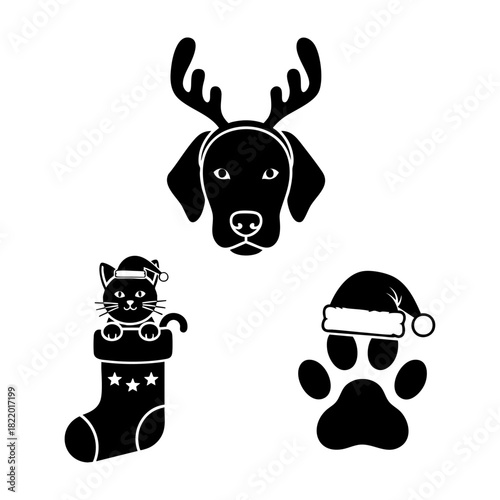 Cute Pets Animals Wearing Christmas Costumes Three Element Silhouette Set