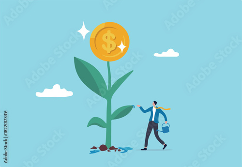 Financial or investment growth, increase earning profit and capital gain, success in wealth management concept, smart businessman investor finish watering growing money plant seedling with coin flower