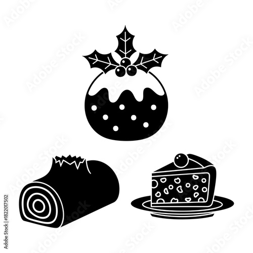 Traditional Christmas Cake and Pudding Dessert Three Silhouette Set