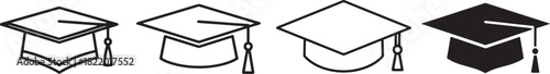 Graduation cap set, line art and solid icon collection representing academic achievement, university commencement, higher education, and success symbol. Vector