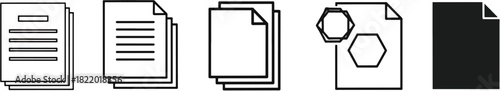 Set of diverse document icons, featuring lined, blank, hexagon, and solid file representations for data, paperwork, and digital content. Vector