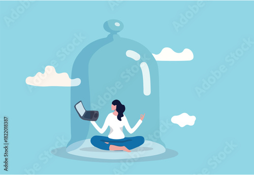 Introvert working space, privacy to work individual, employee work productively when working alone concept, introvert disconnected woman working alone with computer laptop covered inside glass dome.