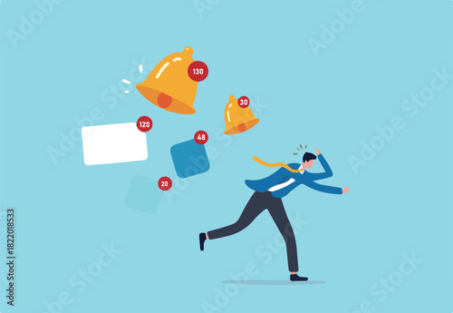 Annoy notifications disturbing pop up or online message sound, marketing or advertising push notifications concept, businessman running away from apps, email and ringing bell notifications