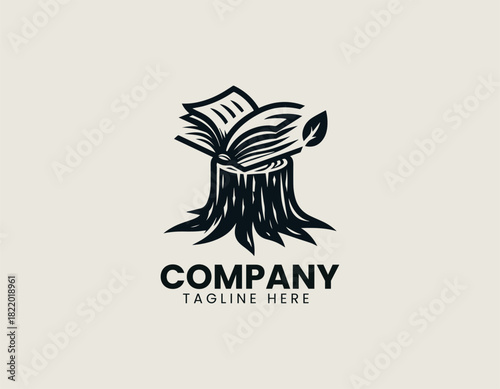 Vintage tree stump with an open book resting on top in bold clean black vector logo