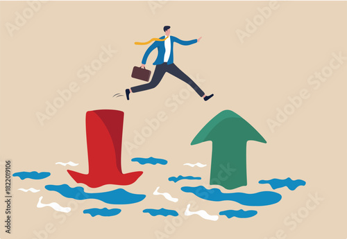 Financial plan, saving and investment or stock market rebound and economic recover concept, confidence businessman investor jump from red pointing down arrow to green rising up