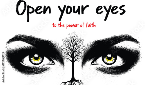 Faith and awareness illustration—“Open your eyes” with yellow irises, tree, and spiritual symbolism