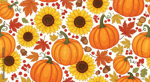 Vibrant autumn seamless pattern featuring orange pumpkins, yellow sunflowers, red berries, acorns, and colorful fall leaves.