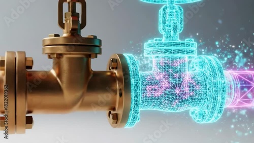 Realistic metal pipe valve transforming into futuristic digital wireframe hologram with glowing neon particles on grey background
