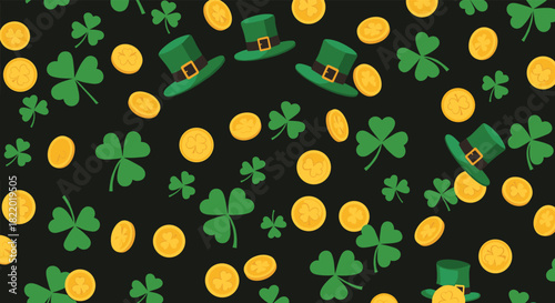 Festive St. Patrick's Day seamless pattern with green leprechaun hats, shamrocks, and gold coins scattered on a black background.