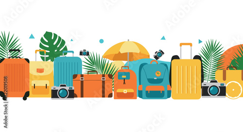 Travel and vacation themed horizontal border with colorful luggage, backpacks, cameras, and tropical leaves on a white background.