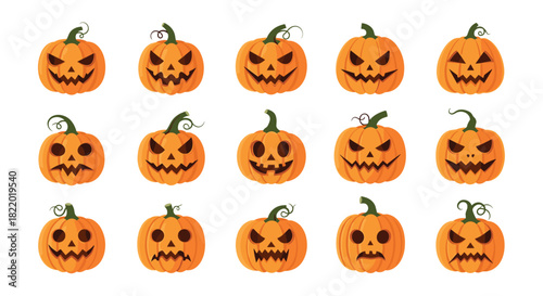 Collection of fifteen spooky and fun jack-o-lantern pumpkin faces with various carved expressions for Halloween on a white background.