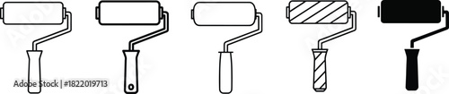 Paint roller icon vector collection: essential tools for painting, home renovation, and diy. diverse outline and solid black symbols. Vector