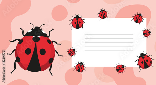 Cute ladybug-themed note card or page border template with a large ladybug and smaller ones framing a lined writing space.