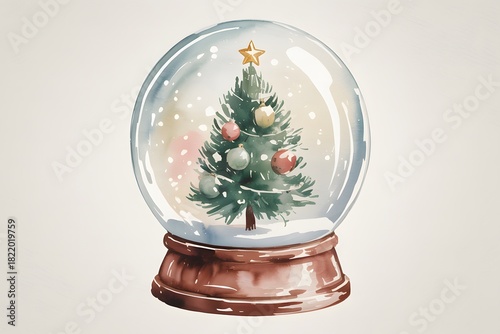 Watercolor snow globe with christmas tree inside isolated on white background