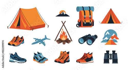 A collection of camping, hiking, and travel icons including a tent, backpack, boots, campfire, binoculars, and mountain landscapes.