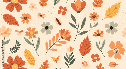 Seamless autumn floral pattern with various hand-drawn flowers and leaves in warm fall colors on a light beige background.