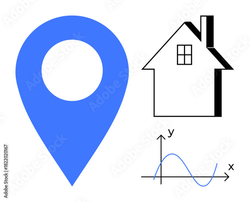 Blue geolocation marker, simplistic house outline, and XY graph symbolizing mapping, housing, analytics. Ideal for technology, navigation, real estate, mathematics education planning simple flat