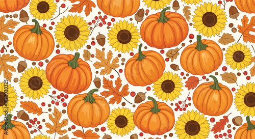 A bright and cheerful autumn seamless pattern with hand-drawn orange pumpkins, yellow sunflowers, acorns, and colorful fall leaves.