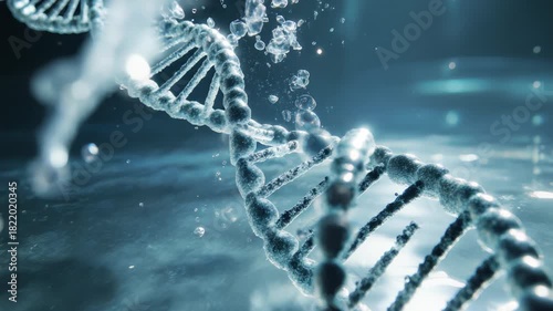 Close-up of synthetic DNA molecule with water droplets and digital particles, glowing blue scientific background, molecular structure on blurred out background. Concept of biotechnology innovation