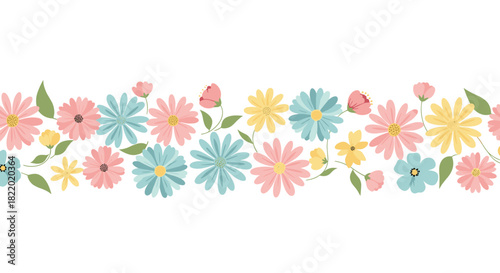 A seamless horizontal border of delicate pastel-colored spring flowers, including pink, blue, and yellow daisies, on a white background.