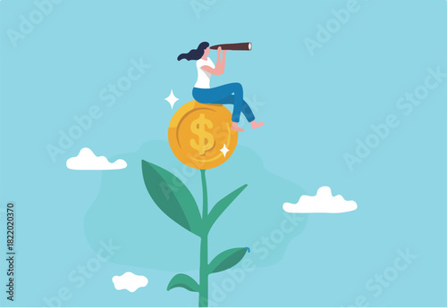Investment or saving growth, growing wealth, financial and banking forecast, earning profit or grow income or mutual fund return concept, woman look through telescope on plant with money coin flower.