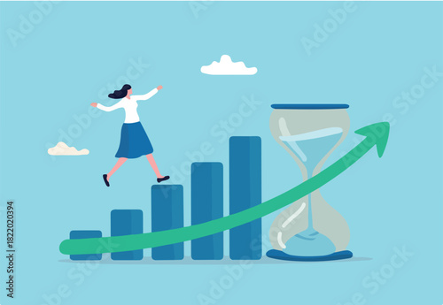Time value of money, long term investment, business growth or success growing business, make profit or investment gain concept, woman walk up growth rising up graph with sandglass metaphor of time.