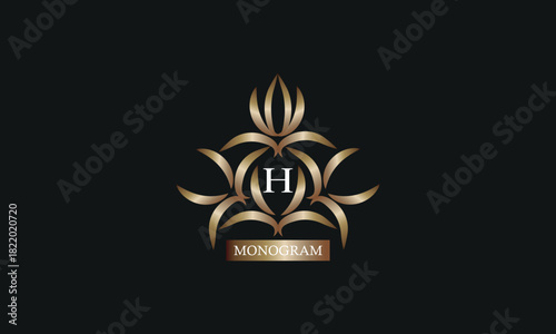 Elegant monogram design template with letter H in the center and place for text. Company brand design, emblem, invitation, label, business sign.