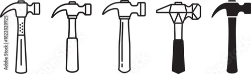 A collection of five various hammer icons in outline and solid styles, perfect for construction, carpentry, handyman, repair, and building projects. Vector